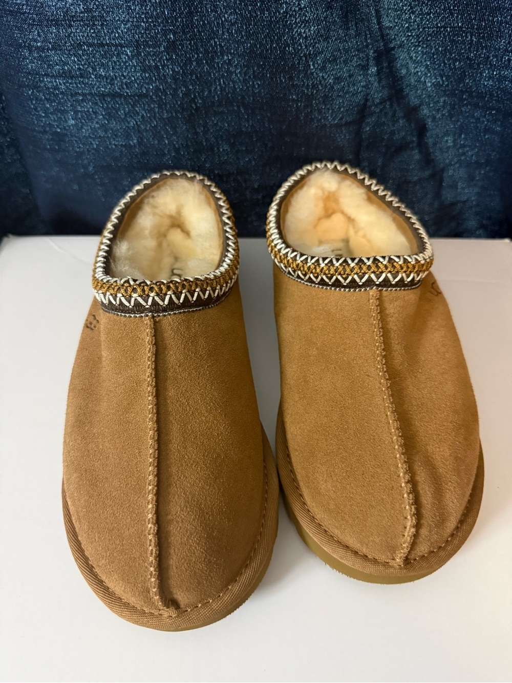 UGG Womens Tasman sheepskin slippers. Chestnut Suede Shearling-Lined